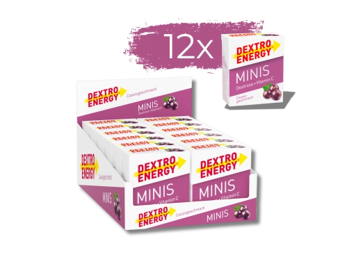 Zestaw 12 opakowań glukozy DEXTRO ENERGY Minis o smaku czarnej porzeczki 50g (33 pastylki)