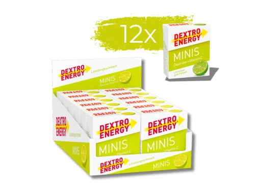 Zestaw 12 opakowań glukozy DEXTRO ENERGY Minis o smaku limonki 50g (33 pastylki)