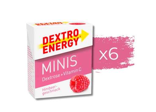 Zestaw 6 opakowań glukozy Dextro Energy minis o smaku malinowym z witaminą C - 50g