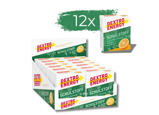 Zestaw 12 opakowań glukozy DEXTRO ENERGY Minis o smaku pomarańczy 50g (33 pastylki)