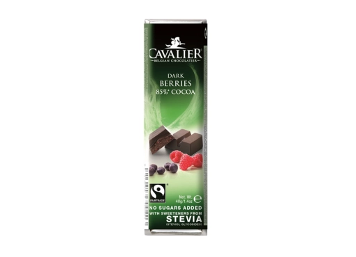Baton Cavalier z owocami leśnymi z czekolady deserowej słodzony ekstraktem ze stewii, bez cukru, 40g