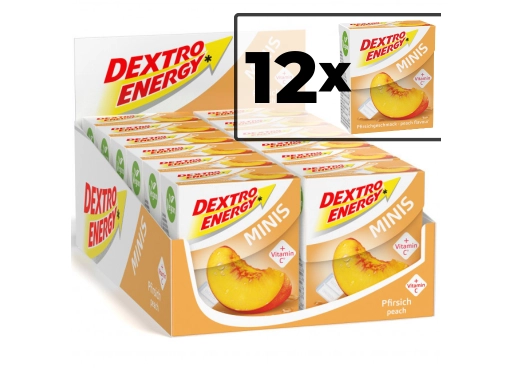 Zestaw 12 opakowań glukozy DEXTRO ENERGY Minis o smaku brzoskwiniowym 50g (33 pastylki)