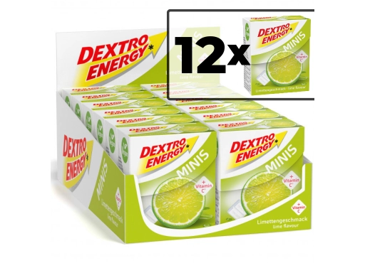 Zestaw 12 opakowań glukozy DEXTRO ENERGY Minis o smaku limonki 50g (33 pastylki)