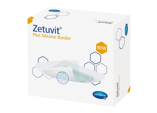 Zetuvit Plus Silicone Border 12,5x12,5 cm, samoprzylepny opatrunek z superabsorbentem i silikonową warstwą kontaktową, 1 szt.
