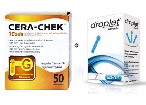 Zestaw Paski do glukozy Cera-Check 50 sztuk + Lancety Droplet 28G 100 sztuk