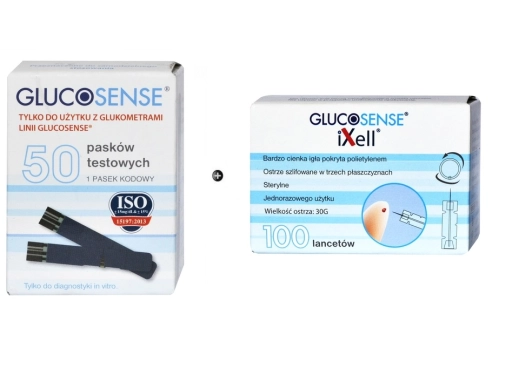 Zestaw Paski do glukozy Glucosense 50 sztuk + Lancety Glucosense 100 sztuk