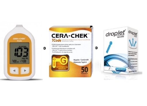 Zestaw Glukometr Cera-Chek 1Code + Paski Cera Check 50sztuk + Lancety Droplet 28G 100 sztuk