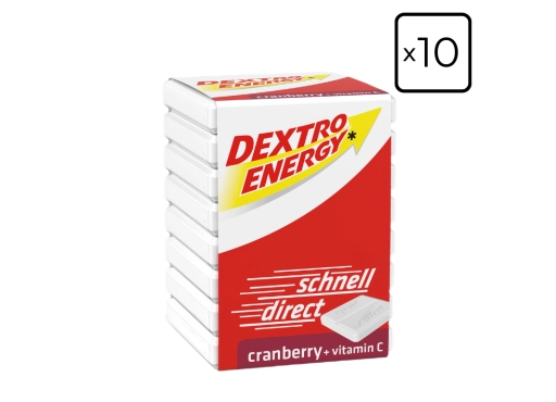 Zestaw 10 kostek glukozy Dextro Energy żurawina z witaminą C 46g - 8 pastylek