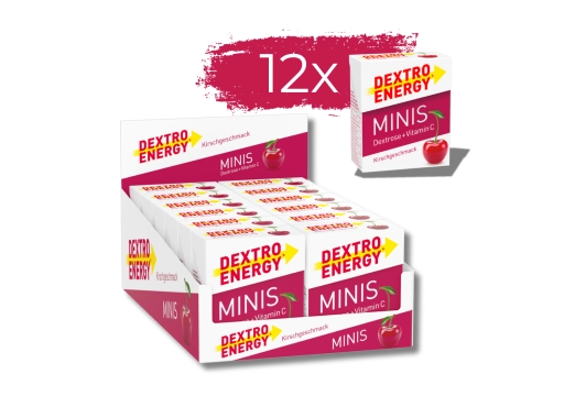 Zestaw 12 opakowań glukozy DEXTRO ENERGY Minis o smaku wiśniowym 50g (33 pastylki)