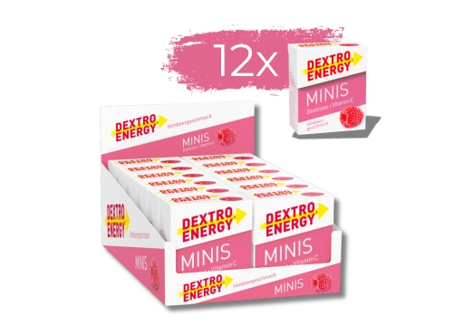 Zestaw 12 opakowań glukozy DEXTRO ENERGY Minis o smaku malinowym z wit. C 50g (33 pastylki)