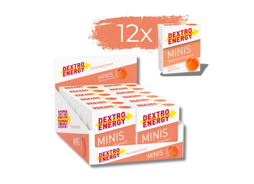 Zestaw 12 opakowań glukozy DEXTRO ENERGY Minis o smaku brzoskwiniowym 50g (33 pastylki)